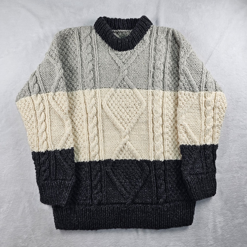 Vtg Aran Pullover Sweater Wool Fisherman Cable Knit Men 40 Colorblock Gray Cream